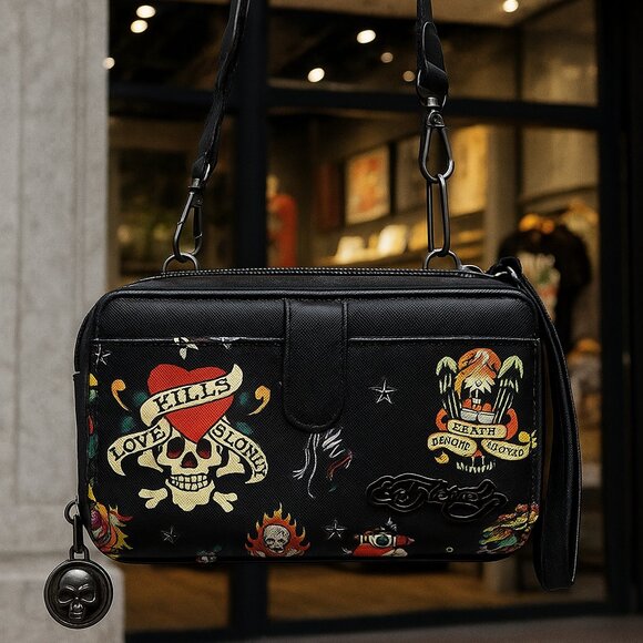 Ed Hardy “Love Kills Slowly” Crossbody Bag – Skull Tattoo Design - Picture 1 of 5